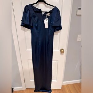 Satin flute sleeve maxi dress, navy blue